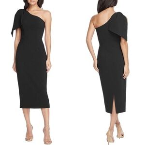 NWT Dress the Population Tiffany One Shoulder Bow Detail Midi Dress in Black